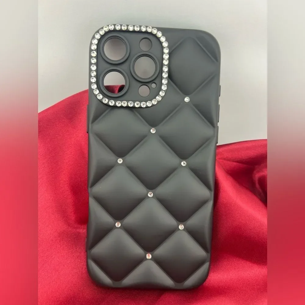 Luxury Quilted Black iPhone 16 Pro Max Case with Rhinestone Accents